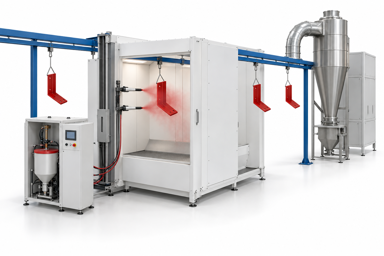 Conceptual conveyor powder booth with spray equipment, a separate powder feed centre and cyclone recovery
