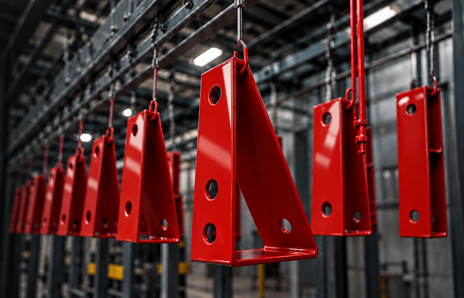 Smooth, high-gloss red powder-coated brackets suspended from a conveyor