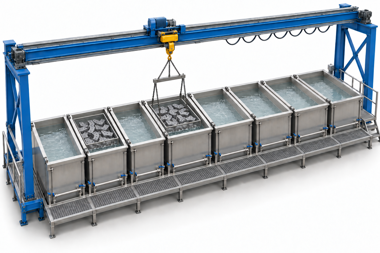 Eight immersion baths with an overhead crane lowering a basket of metal parts into one bath