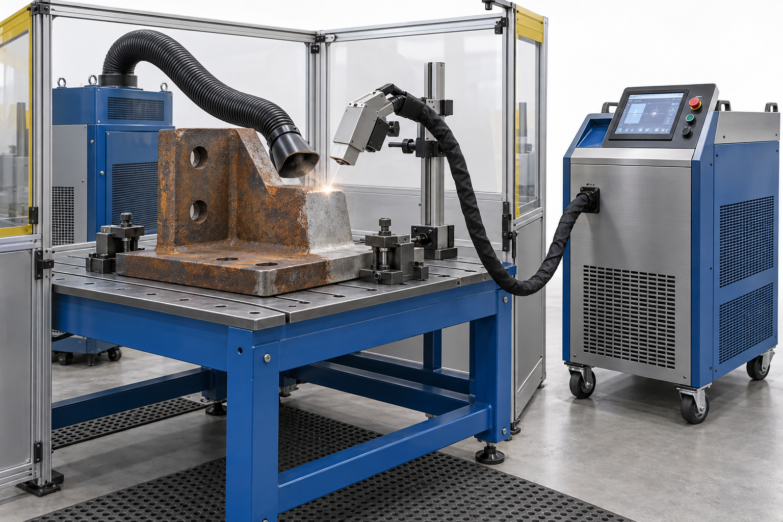 Laser cleaning a secured steel part with local fume extraction